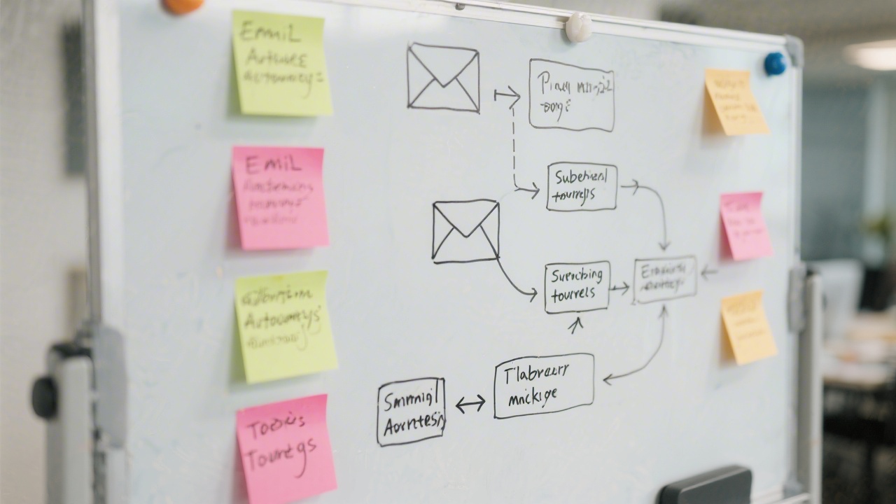 Close-up of a whiteboard with a drawn email automation flowchart and sticky notes, illustrating planning of subscriber journeys and triggers in marketing.