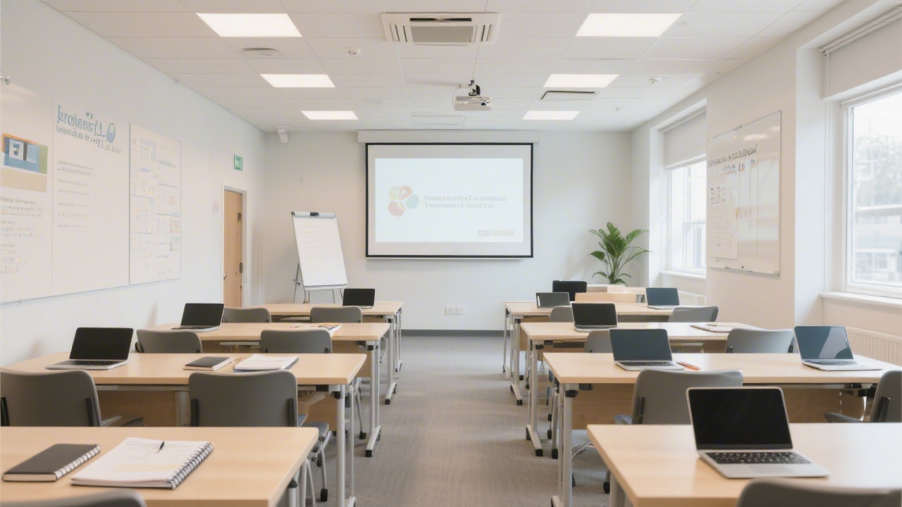 Bright training classroom with long tables, laptops, notebooks, and a presenter screen, arranged for small group workshops in a professional academy environment.