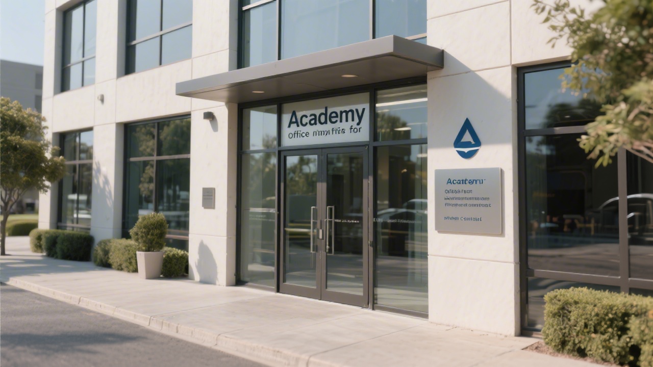 Exterior view of a business building entrance with signage and glass doors, representing the academy office for in-person contact.