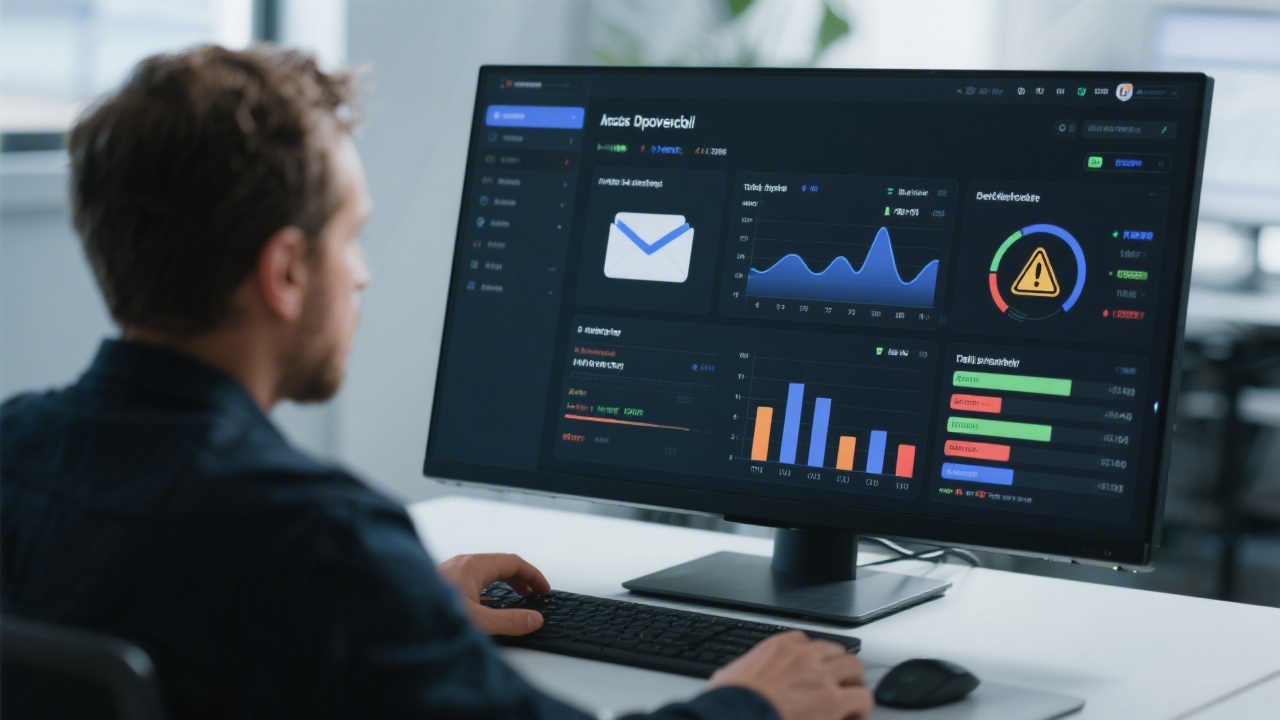 Person reviewing email deliverability reports on a large monitor with inbox placement metrics and warning indicators, reflecting technical optimization work.
