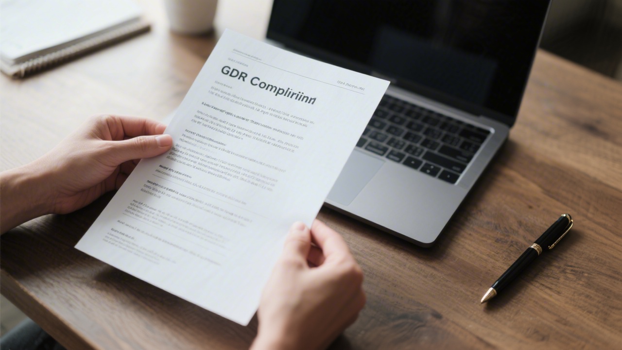 Hands holding a printed GDPR compliance document next to a laptop and pen, showing careful review of legal requirements for data protection.