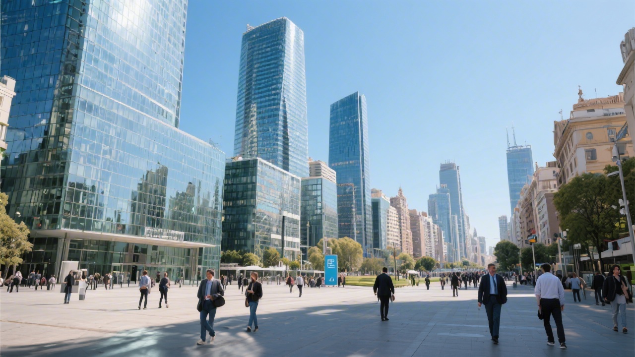Panoramic view of Madrid financial district with modern glass towers, clear sky, and pedestrians, conveying a professional urban atmosphere suitable for business education events.