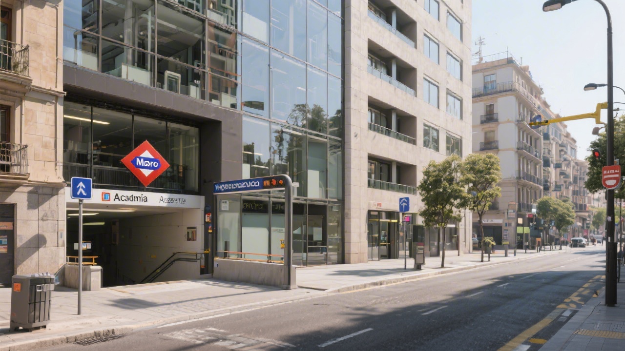 Street level view of Madrid with metro entrance and office buildings, capturing local accessibility and the urban context of the academy location.