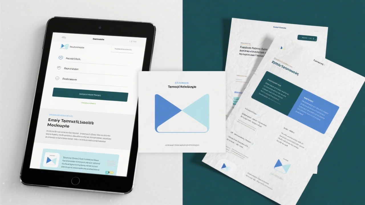 Collage of clean email template mockups on a tablet and paper sheets, emphasizing ready-to-use newsletter designs and layout options.