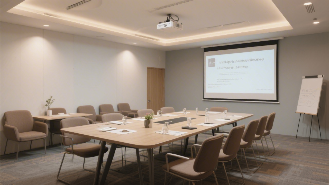 Modern meeting room with soft lighting, projector, and collaborative seating, suitable for strategy sessions and practical marketing exercises.